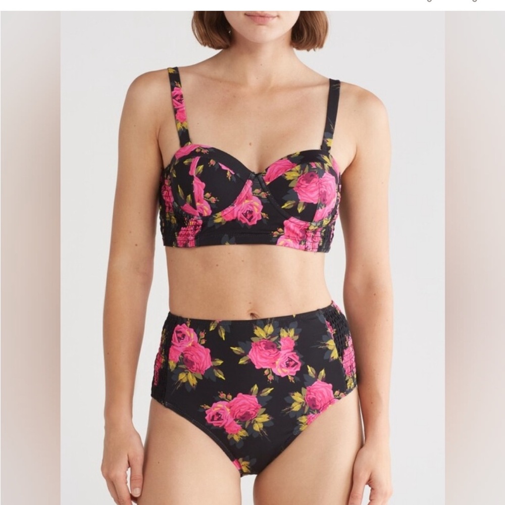 Betsey Johnson Floral Print Corset 2-Piece Bikini Set Black Pink